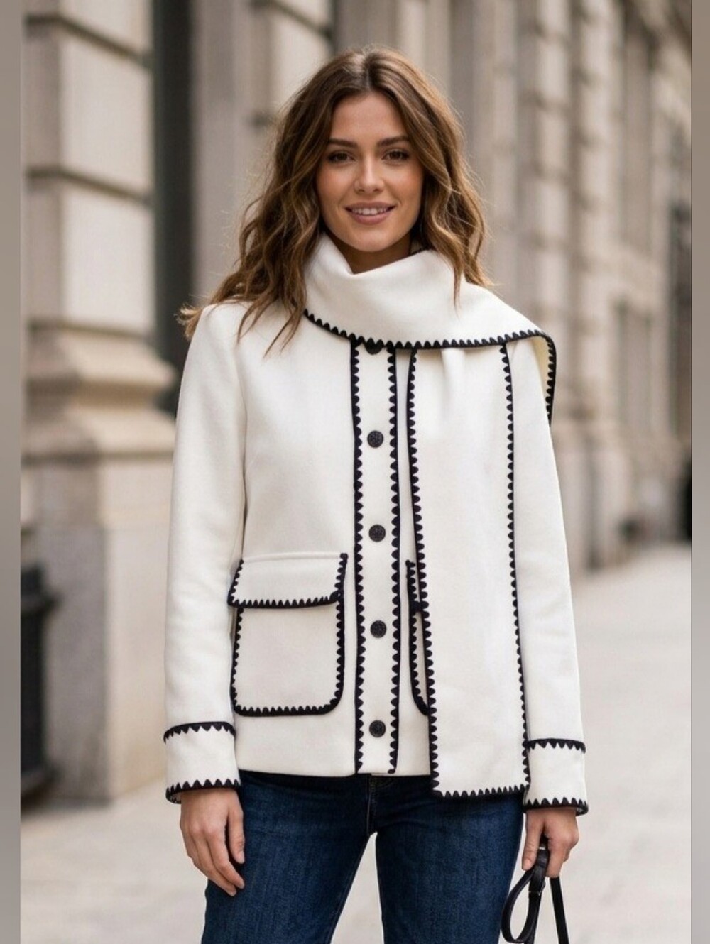 241. NWT - Kensie Scarf Collar Faux Wool Jacket with Whipstitch Detail